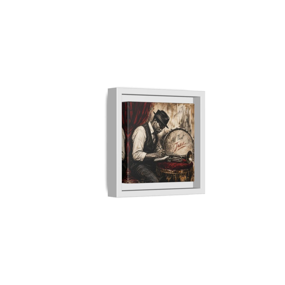 Side Mockup 22. Vintage Jazz Musician Red And Black Jazz shown as framed canvas print