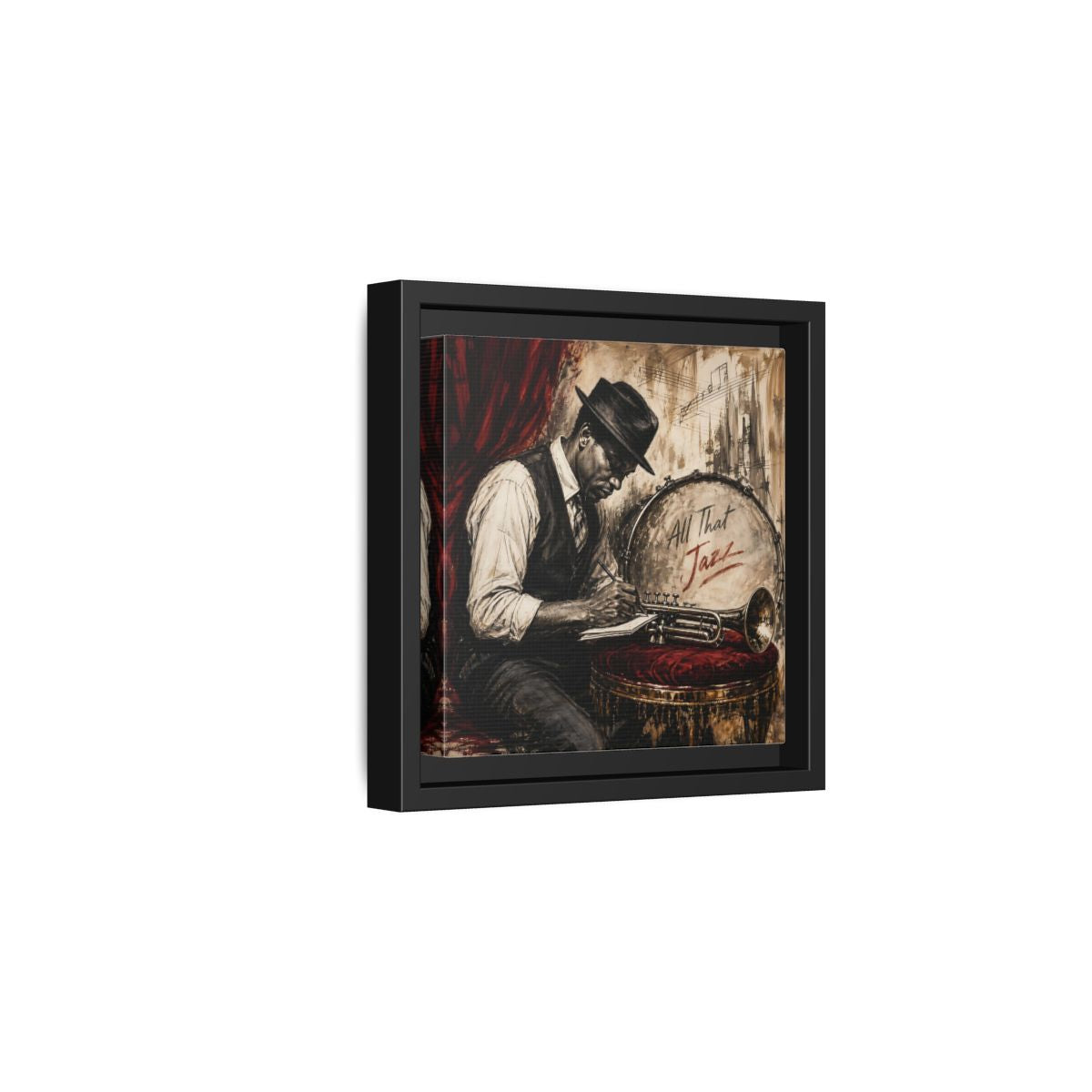 Side Mockup 3. Vintage Jazz Musician Red And Black Jazz shown as framed canvas print
