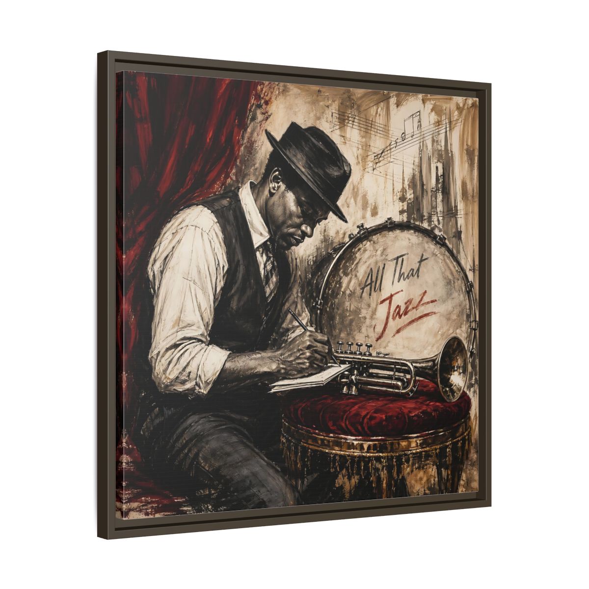 Side Mockup 27. Vintage Jazz Musician Red And Black Jazz shown as framed canvas print