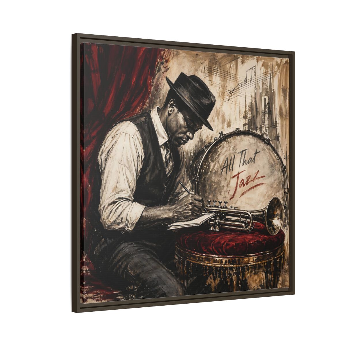 Side Mockup 8. Vintage Jazz Musician Red And Black Jazz shown as framed canvas print