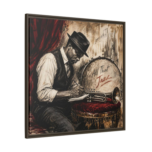 Main Mockup. Vintage Jazz Musician Red And Black Jazz shown as framed canvas print