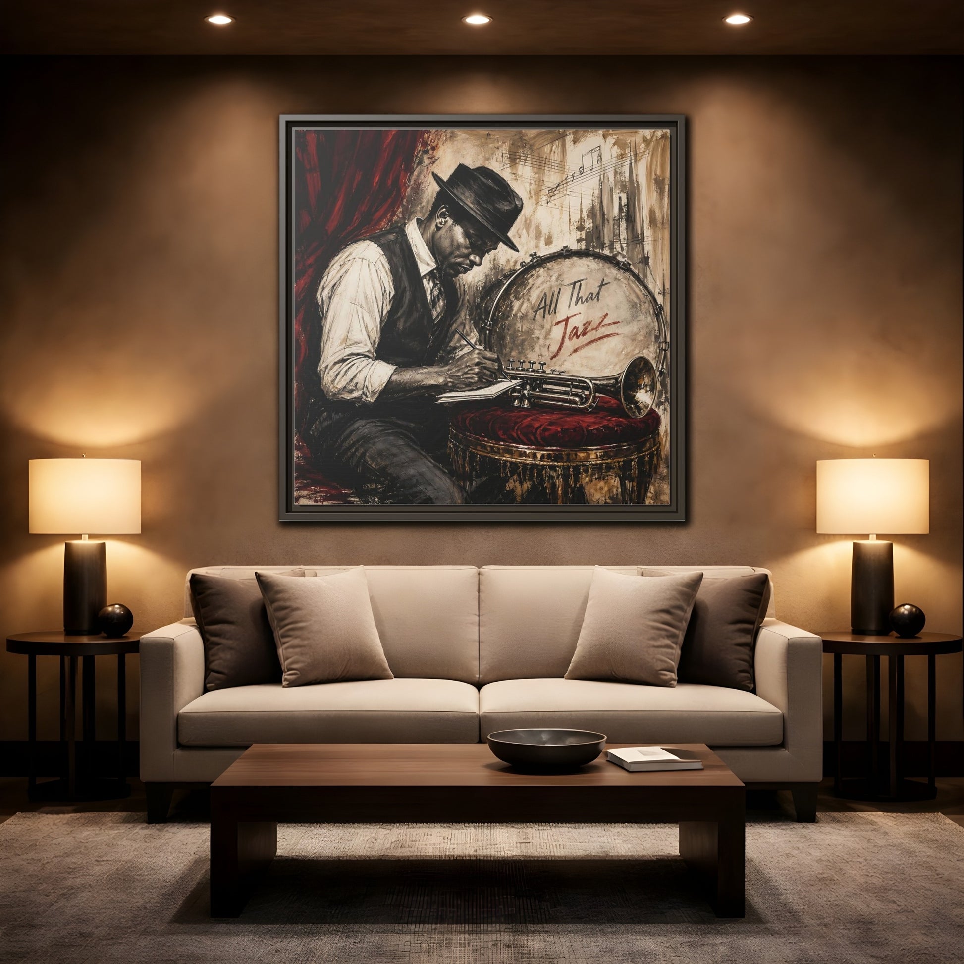 Mockup 2. Vintage Jazz Musician Red And Black Jazz shown as framed canvas print