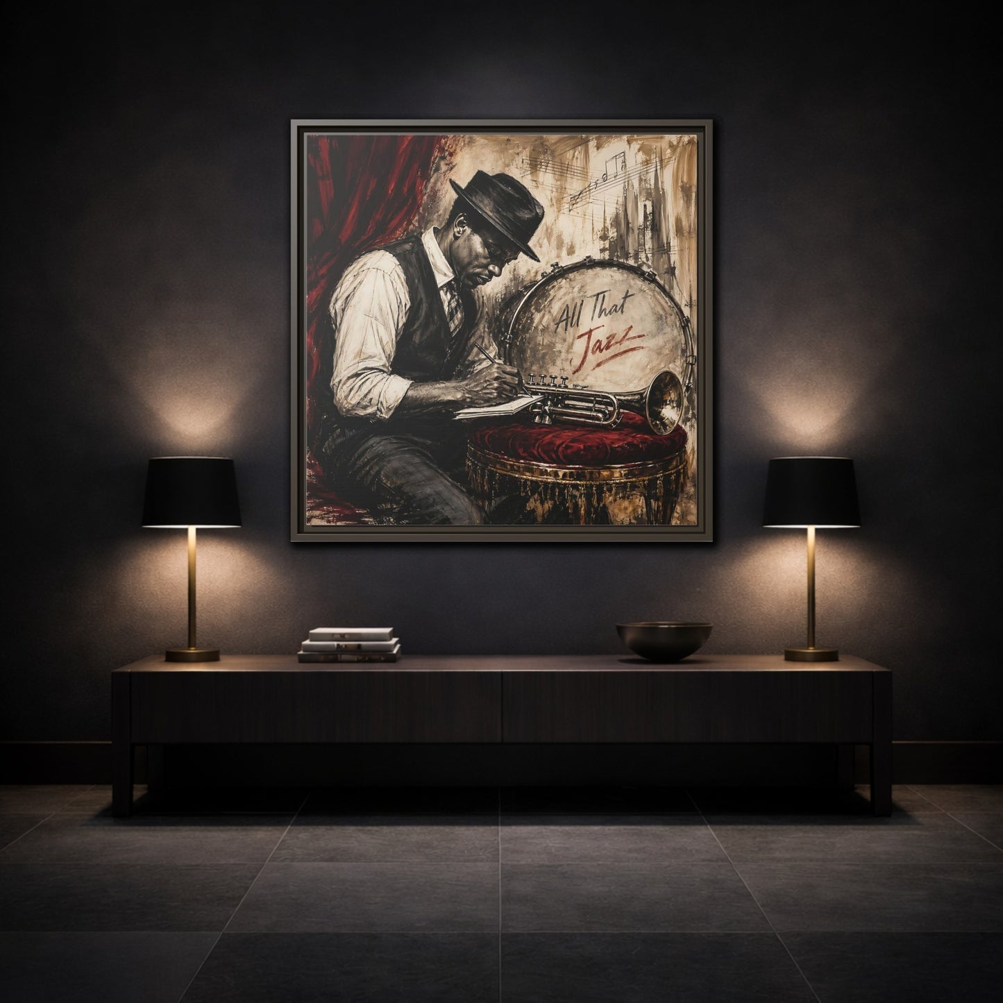 Mockup 3. Vintage Jazz Musician Red And Black Jazz shown as framed canvas print