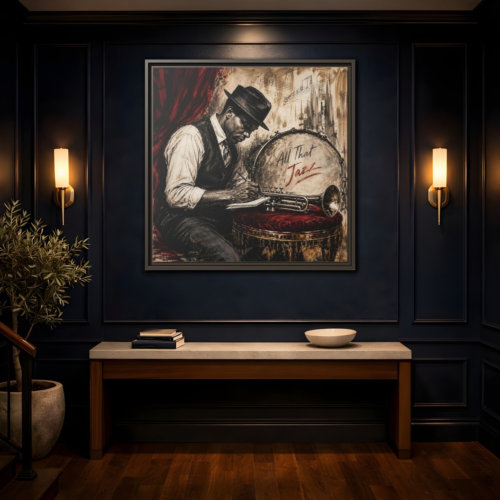 Mockup 4. Vintage Jazz Musician Red And Black Jazz shown as framed canvas print