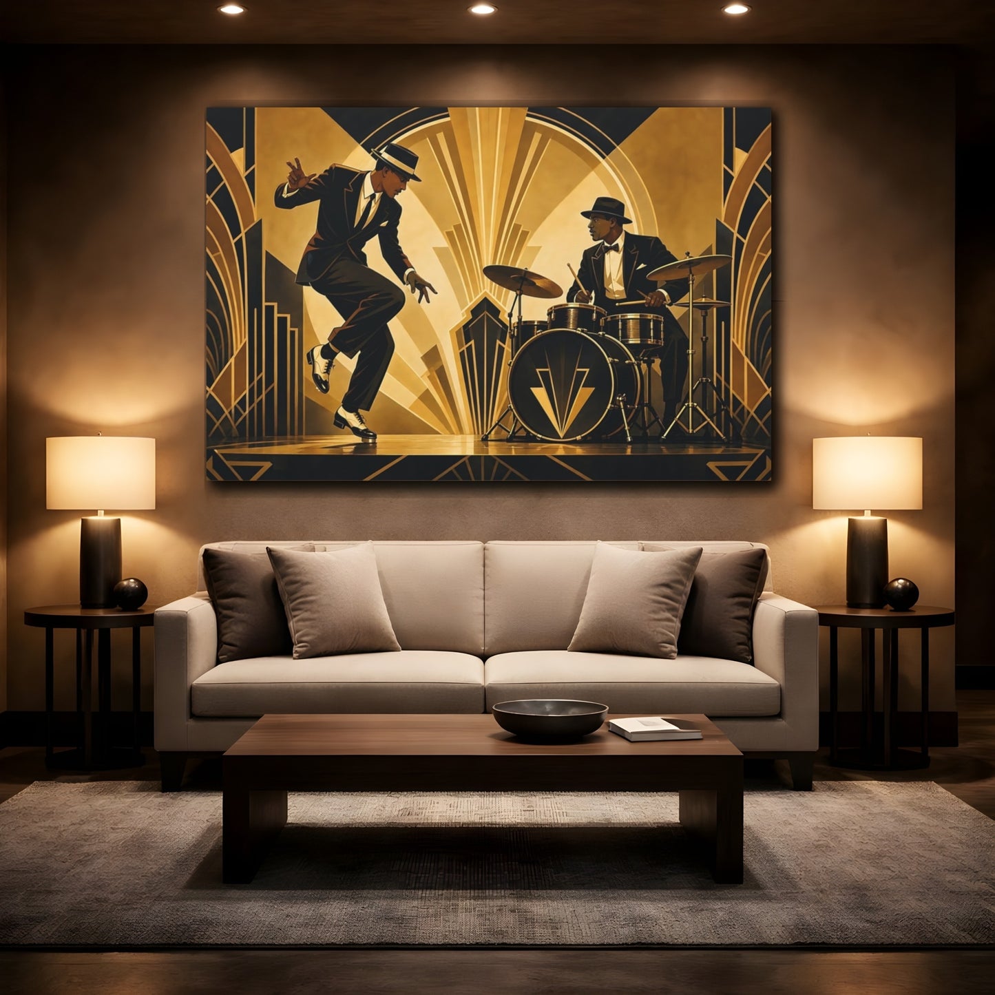 Mockup 2. Vintage Jazz Musicians Black And Gold shown as canvas print