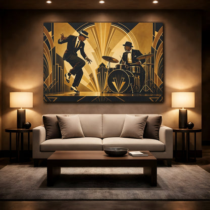 Mockup 2. Vintage Jazz Musicians Black And Gold shown as canvas print
