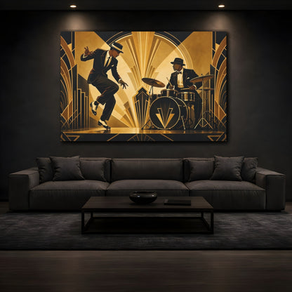 Mockup 3. Vintage Jazz Musicians Black And Gold shown as canvas print