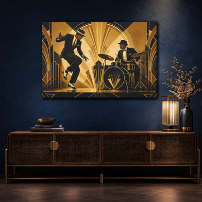 Mockup 4. Vintage Jazz Musicians Black And Gold shown as canvas print