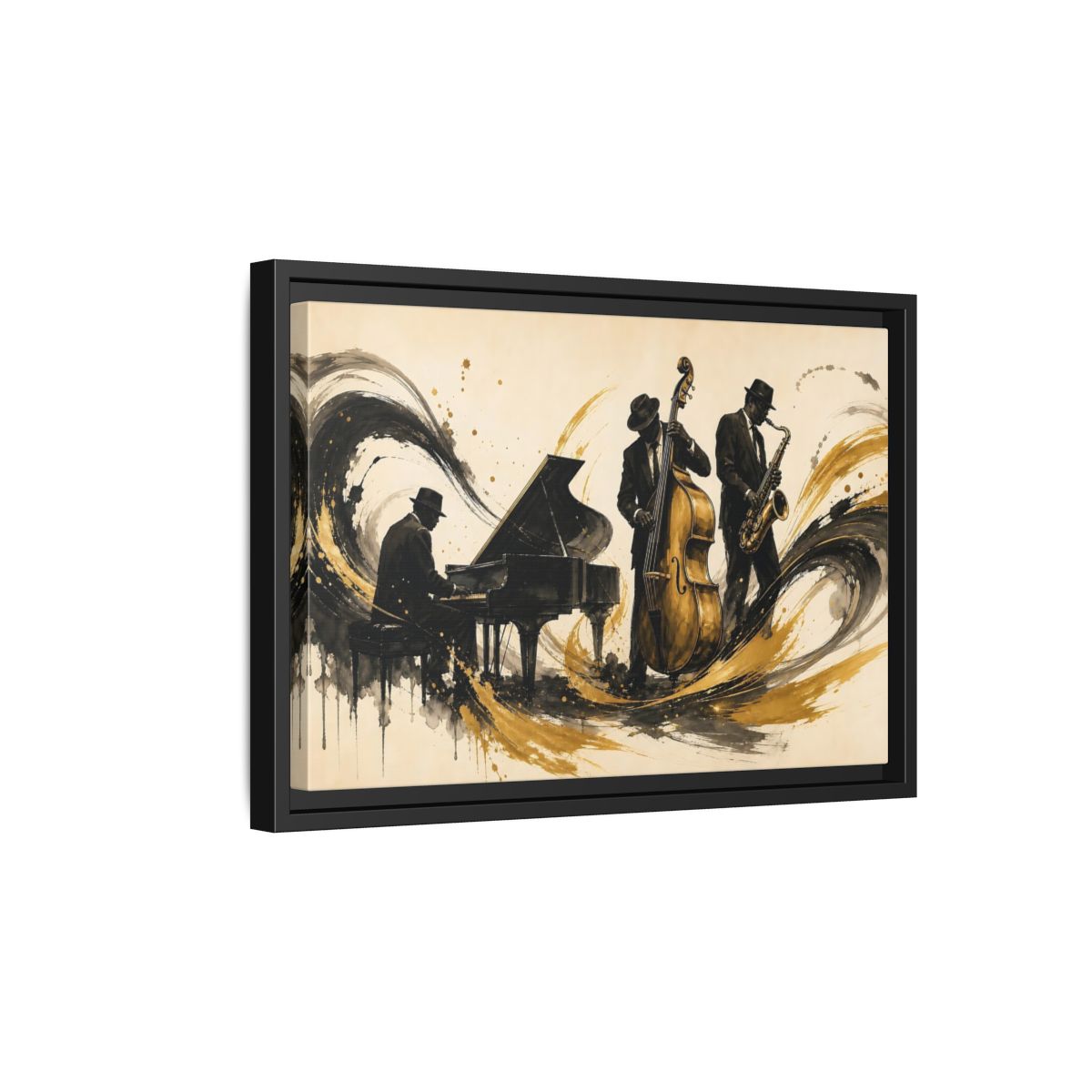 Side Mockup 6. Vintage Jazz Musicians Black Gold Jazz shown as framed canvas print