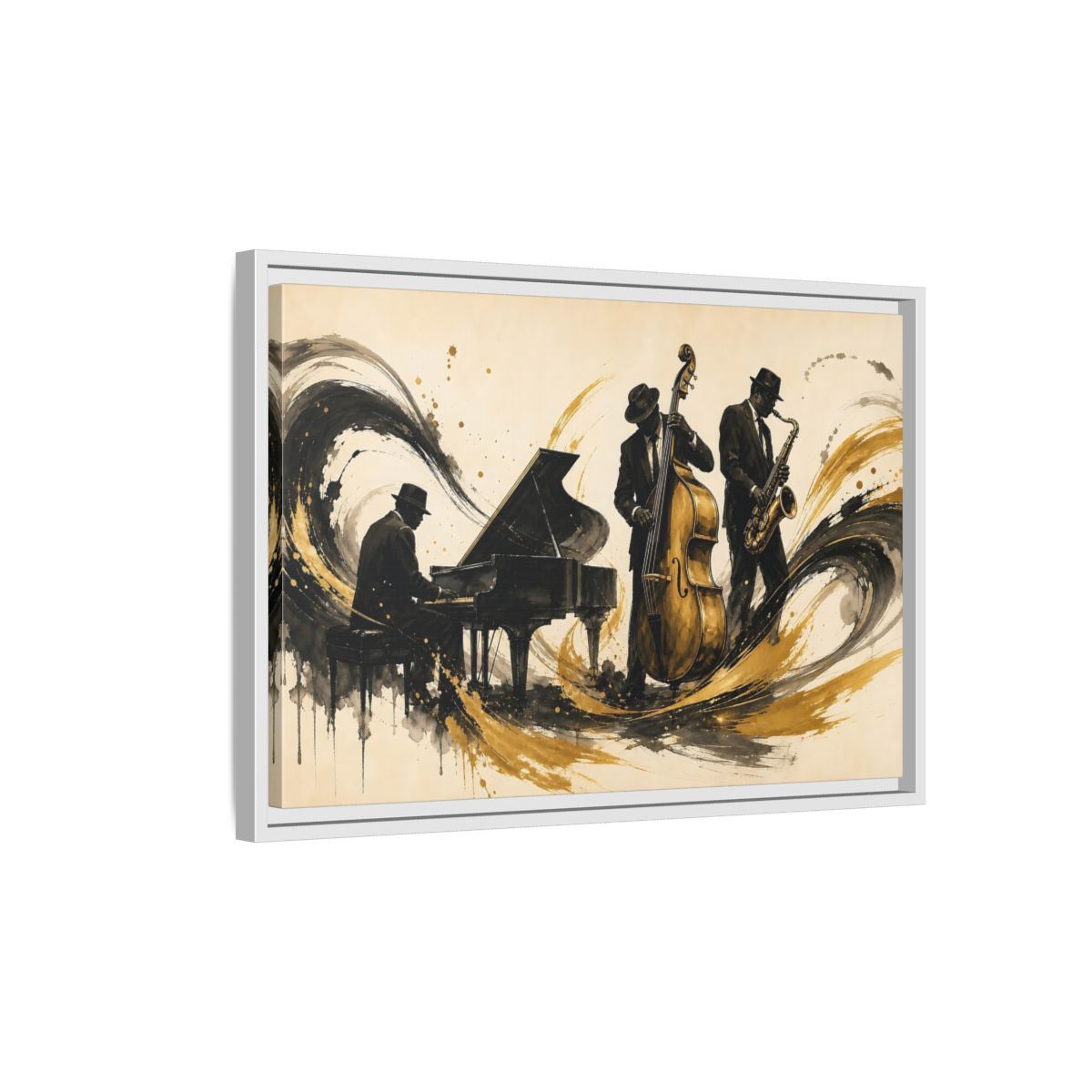 Side Mockup 1. Vintage Jazz Musicians Black Gold Jazz shown as framed canvas print