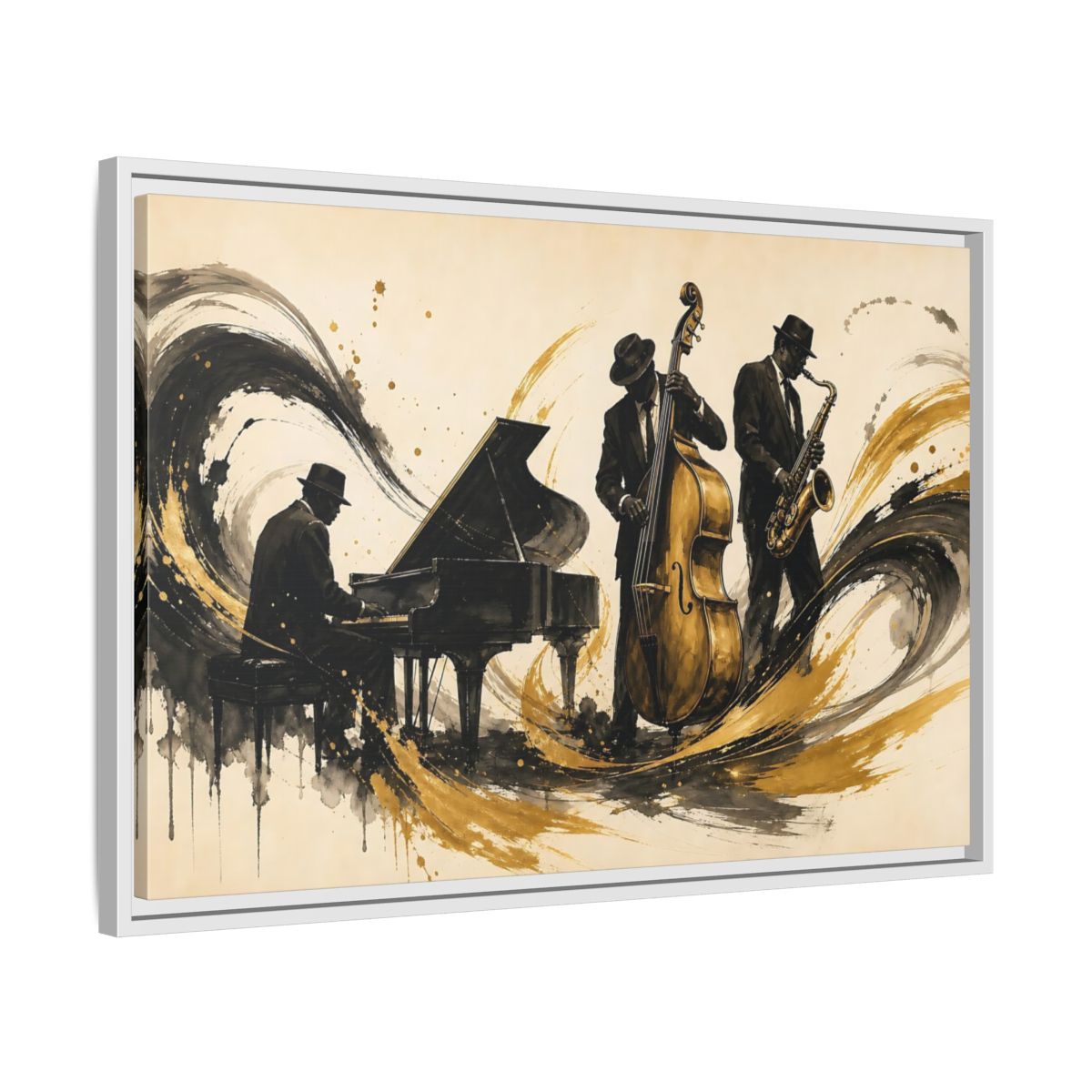 Side Mockup 10. Vintage Jazz Musicians Black Gold Jazz shown as framed canvas print
