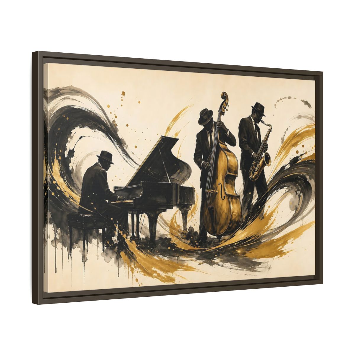 Side Mockup 11. Vintage Jazz Musicians Black Gold Jazz shown as framed canvas print