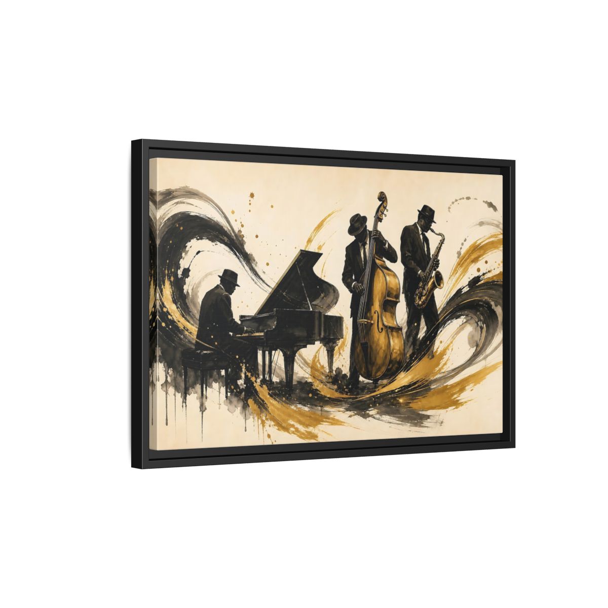 Side Mockup 3. Vintage Jazz Musicians Black Gold Jazz shown as framed canvas print