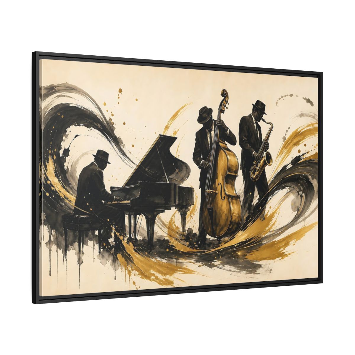 Side Mockup 12. Vintage Jazz Musicians Black Gold Jazz shown as framed canvas print