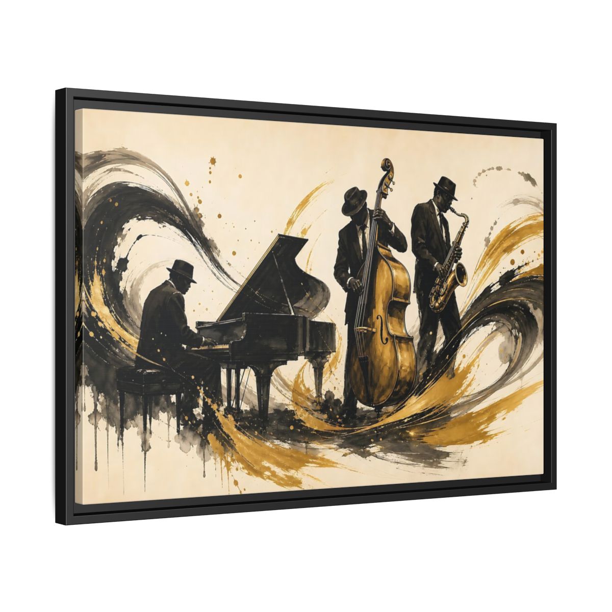 Side Mockup 14. Vintage Jazz Musicians Black Gold Jazz shown as framed canvas print
