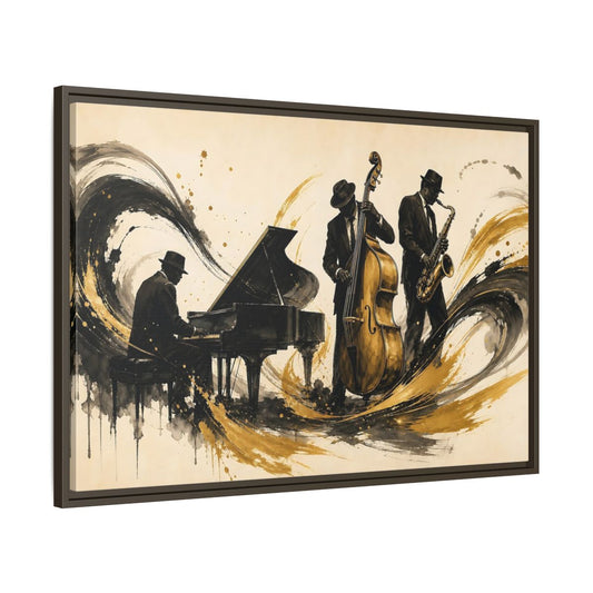 Main Mockup. Vintage Jazz Musicians Black Gold Jazz shown as framed canvas print