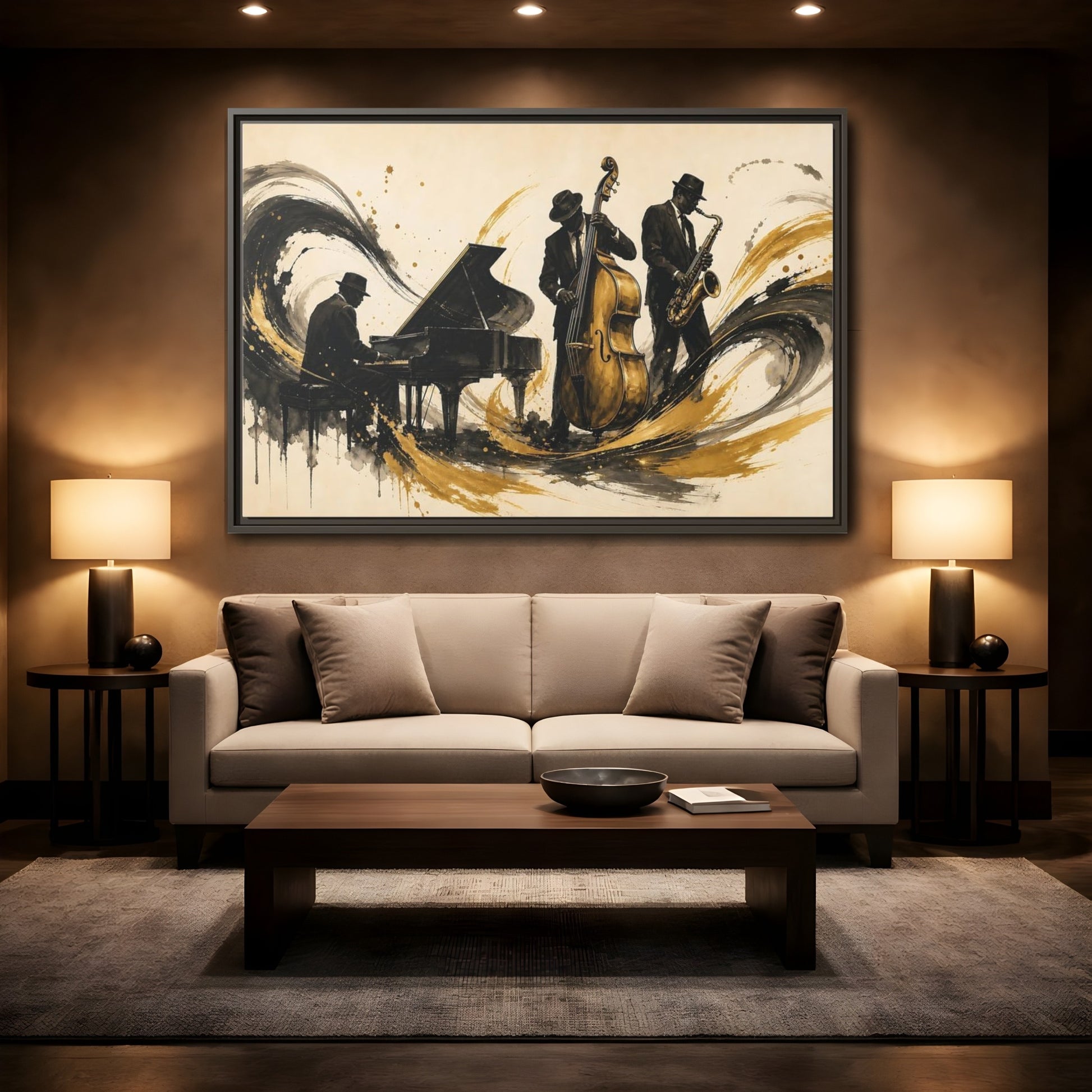 Mockup 2. Vintage Jazz Musicians Black Gold Jazz shown as framed canvas print