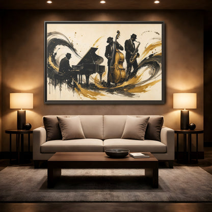 Mockup 2. Vintage Jazz Musicians Black Gold Jazz shown as framed canvas print
