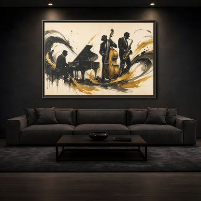 Mockup 3. Vintage Jazz Musicians Black Gold Jazz shown as framed canvas print