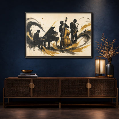 Mockup 4. Vintage Jazz Musicians Black Gold Jazz shown as framed canvas print