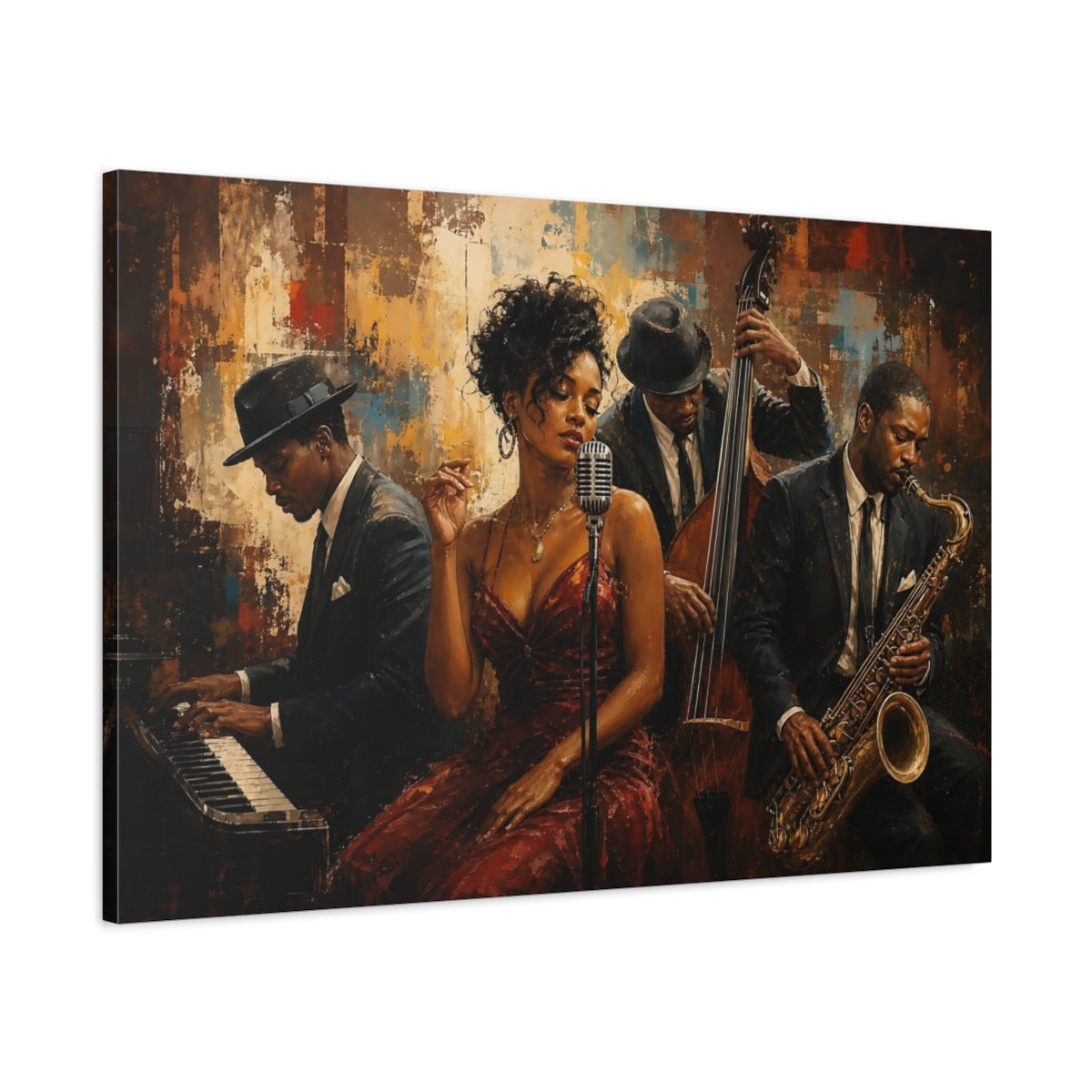 Main Mockup. Vintage Jazz Musicians Brown And Black shown as canvas print