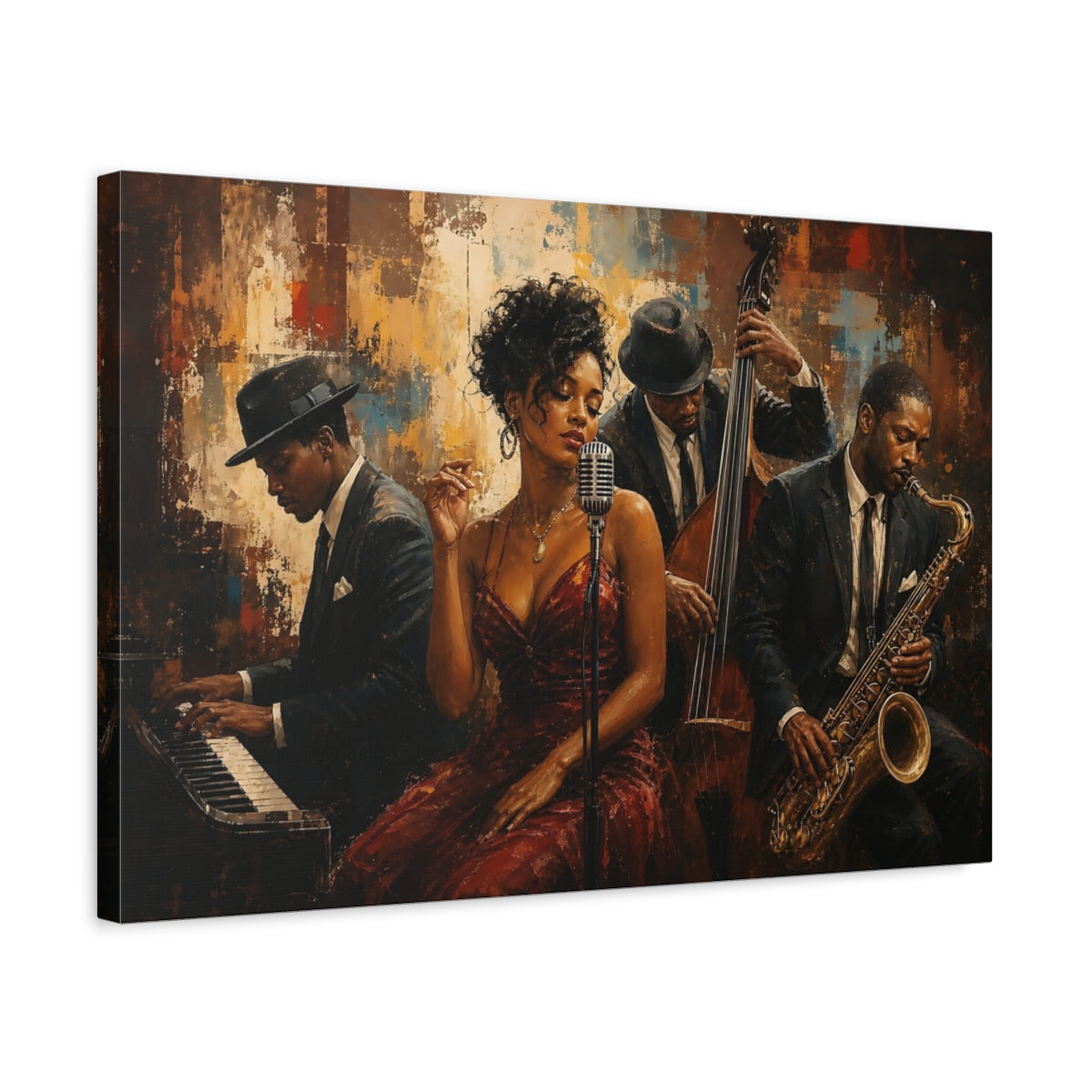 Side Mockup 3. Vintage Jazz Musicians Brown And Black shown as canvas print