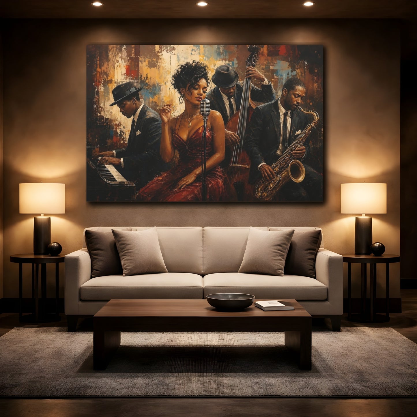 Mockup 2. Vintage Jazz Musicians Brown And Black shown as canvas print