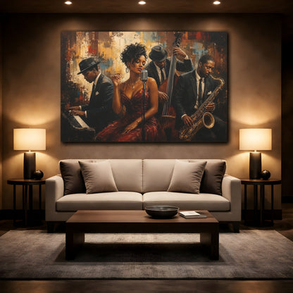 Mockup 2. Vintage Jazz Musicians Brown And Black shown as canvas print