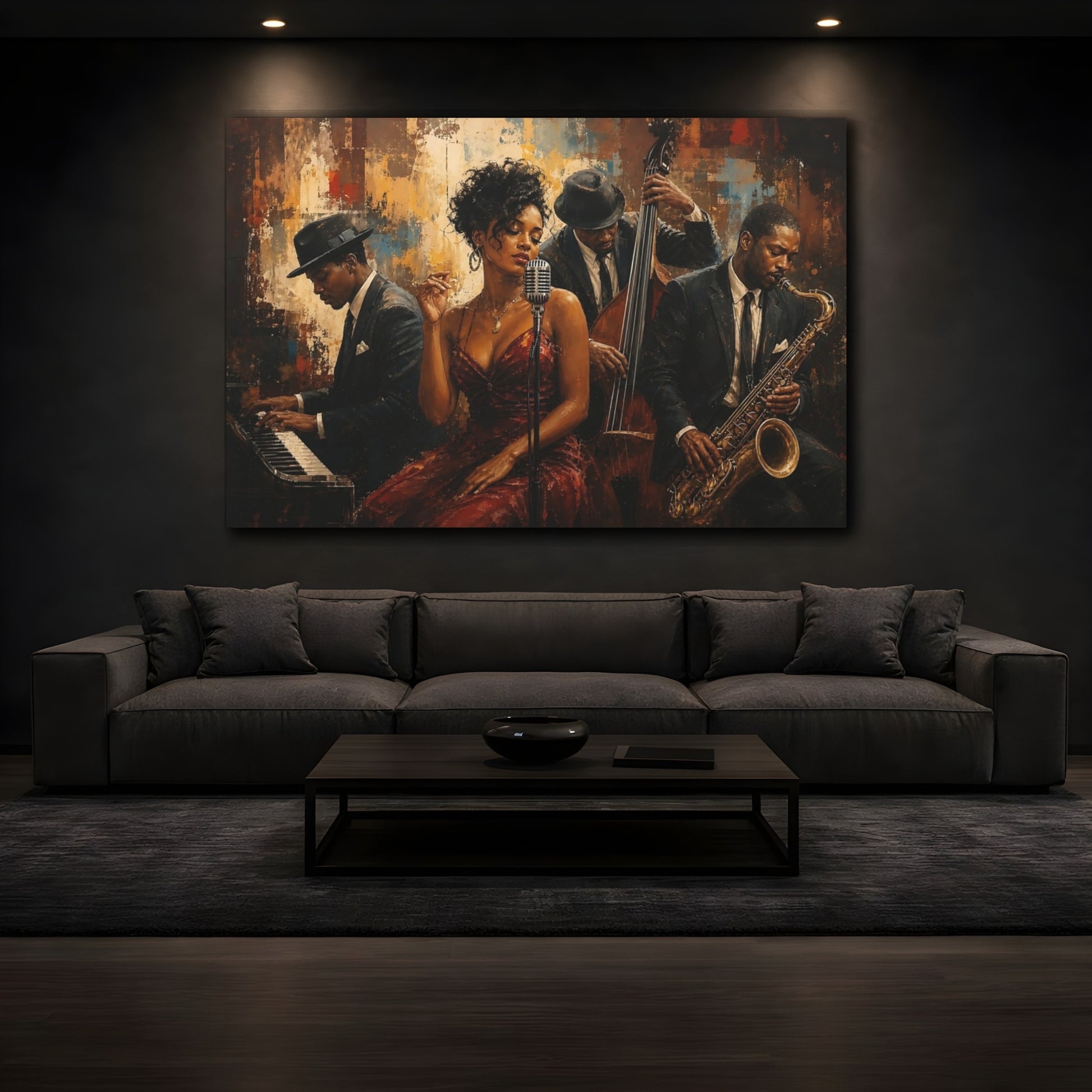 Mockup 3. Vintage Jazz Musicians Brown And Black shown as canvas print
