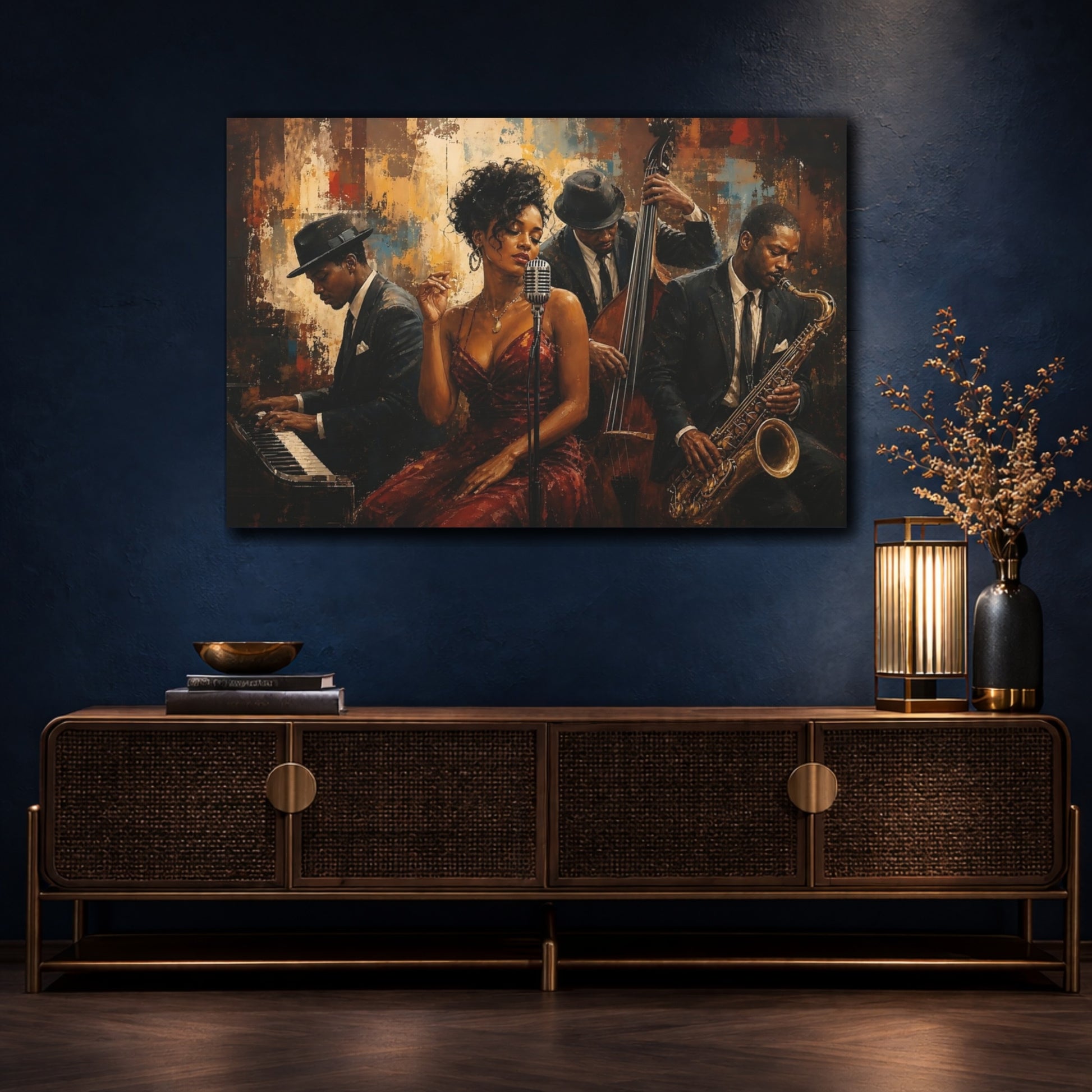 Mockup 4. Vintage Jazz Musicians Brown And Black shown as canvas print