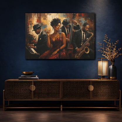 Mockup 4. Vintage Jazz Musicians Brown And Black shown as canvas print