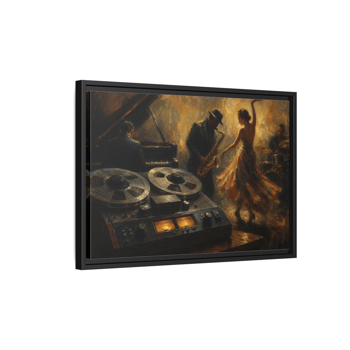 Side Mockup 3. Vintage Jazz Performance Gold Brown Jazz shown as framed canvas print