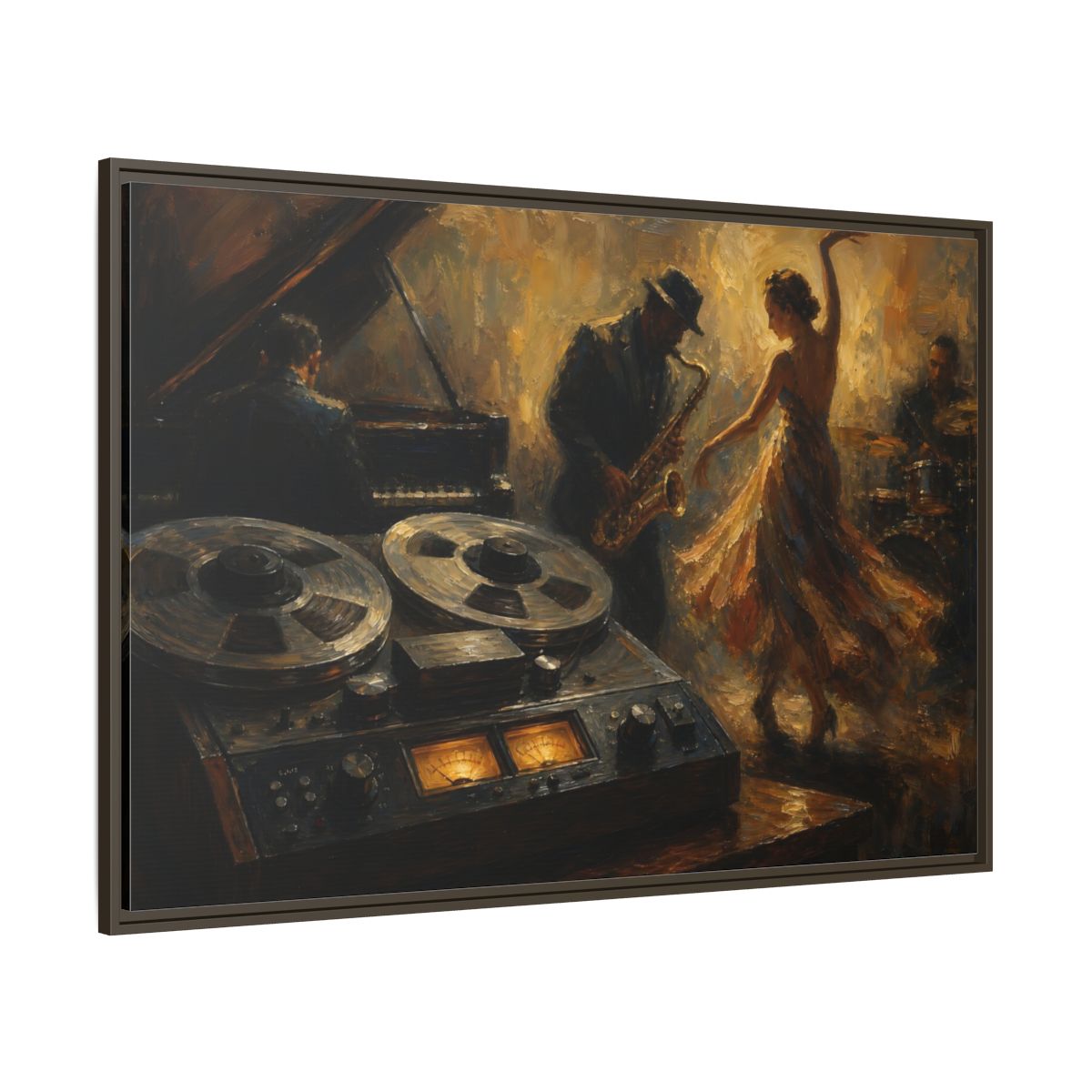 Side Mockup 8. Vintage Jazz Performance Gold Brown Jazz shown as framed canvas print