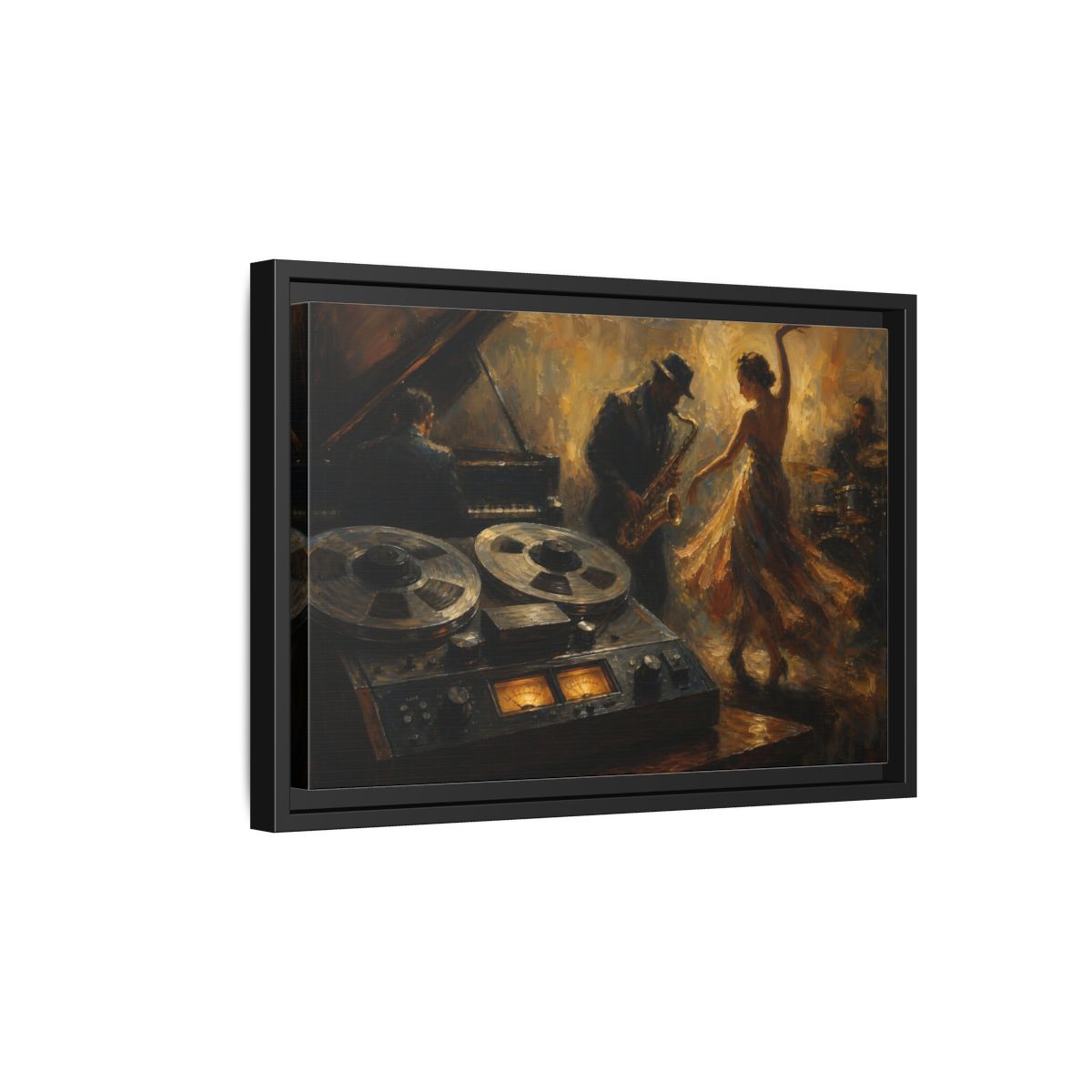 Side Mockup 6. Vintage Jazz Performance Gold Brown Jazz shown as framed canvas print