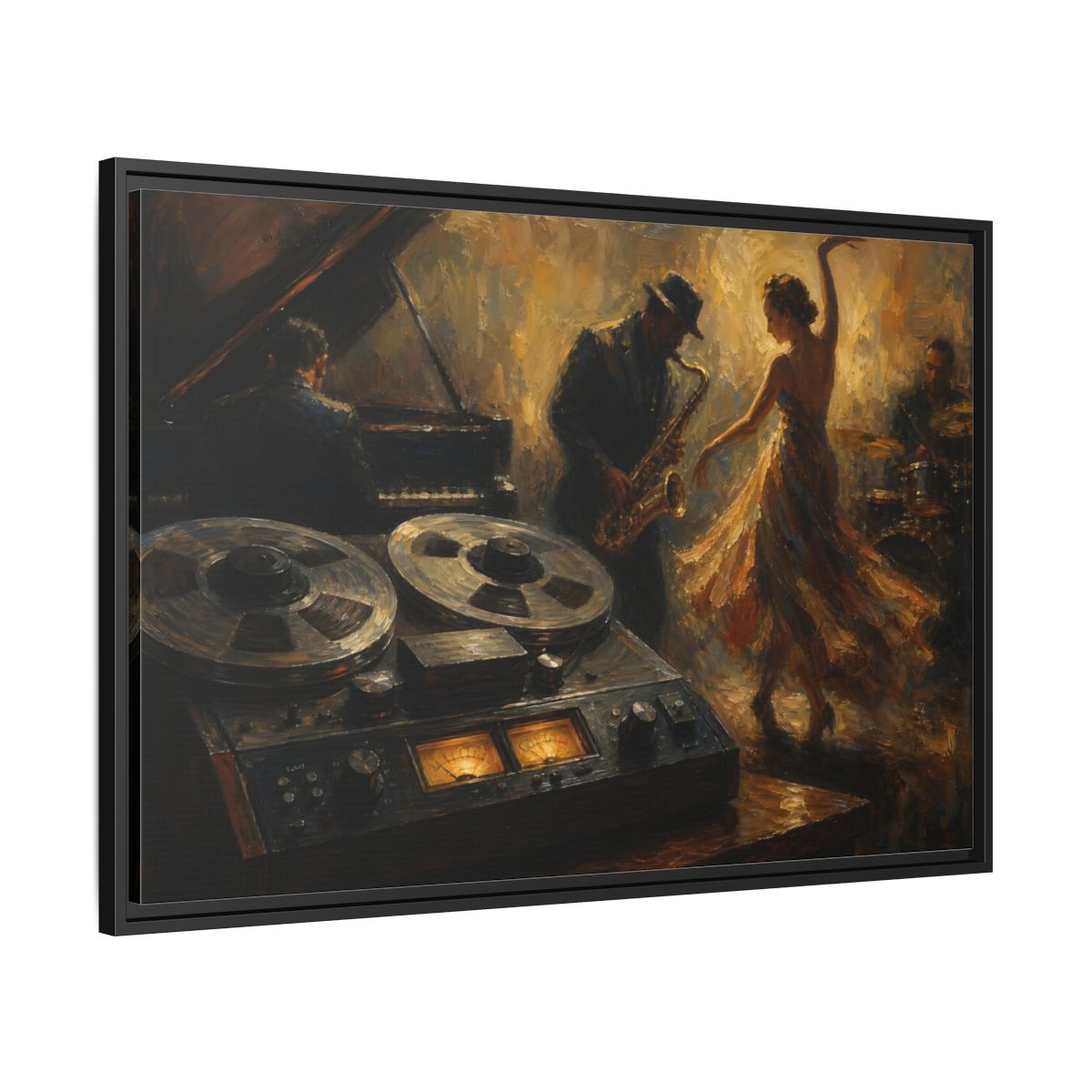 Side Mockup 13. Vintage Jazz Performance Gold Brown Jazz shown as framed canvas print