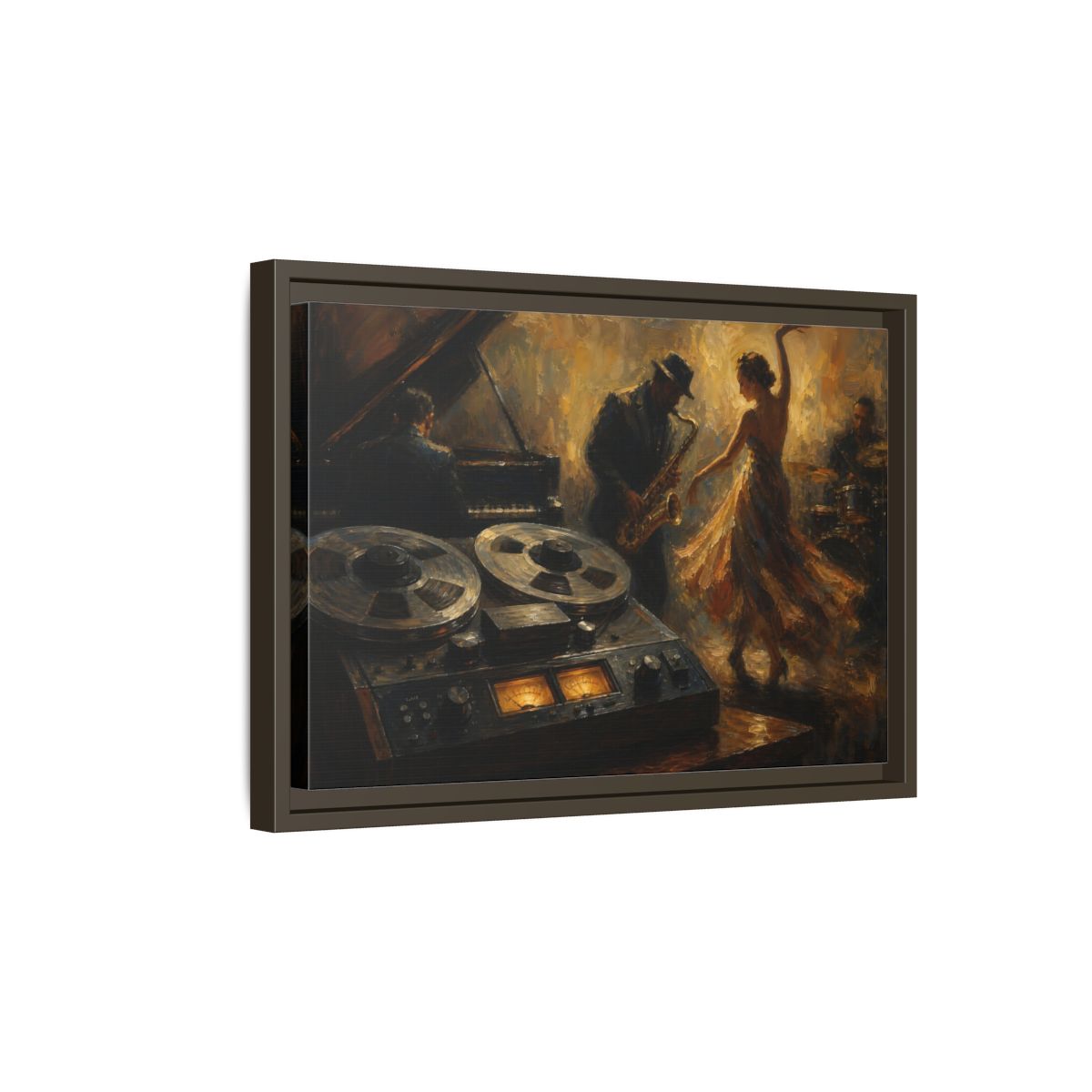 Side Mockup 5. Vintage Jazz Performance Gold Brown Jazz shown as framed canvas print