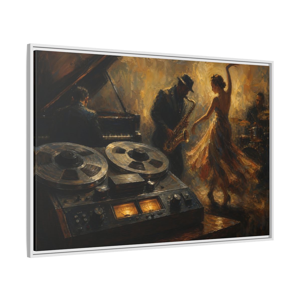 Side Mockup 7. Vintage Jazz Performance Gold Brown Jazz shown as framed canvas print