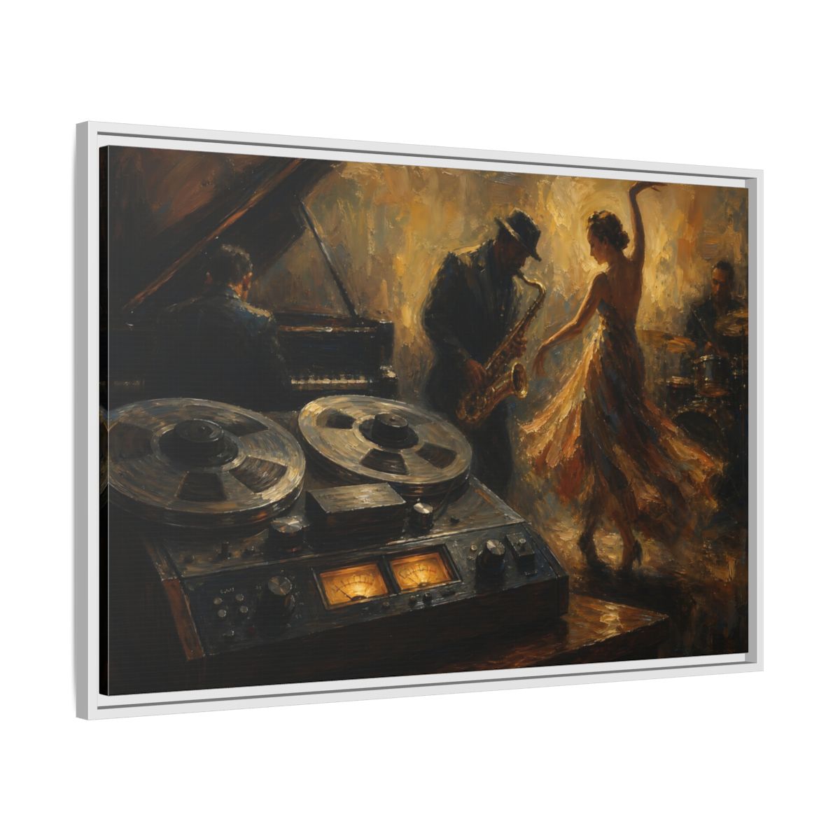 Side Mockup 9. Vintage Jazz Performance Gold Brown Jazz shown as framed canvas print