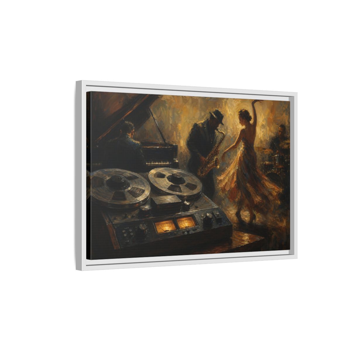 Side Mockup 1. Vintage Jazz Performance Gold Brown Jazz shown as framed canvas print