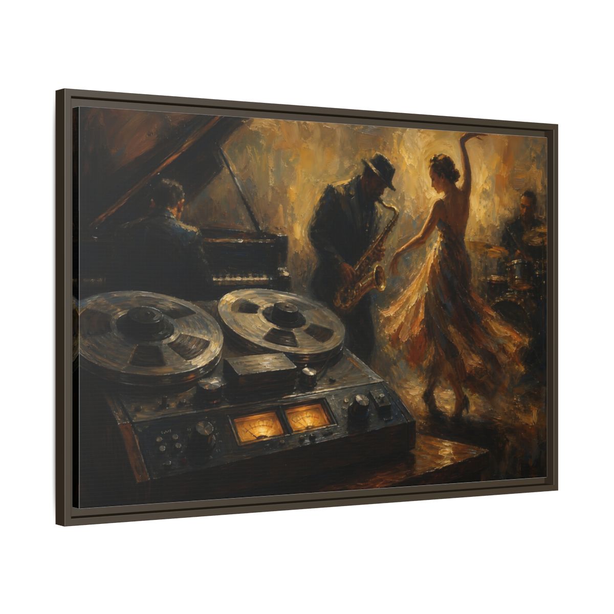 Main Mockup. Vintage Jazz Performance Gold Brown Jazz shown as framed canvas print