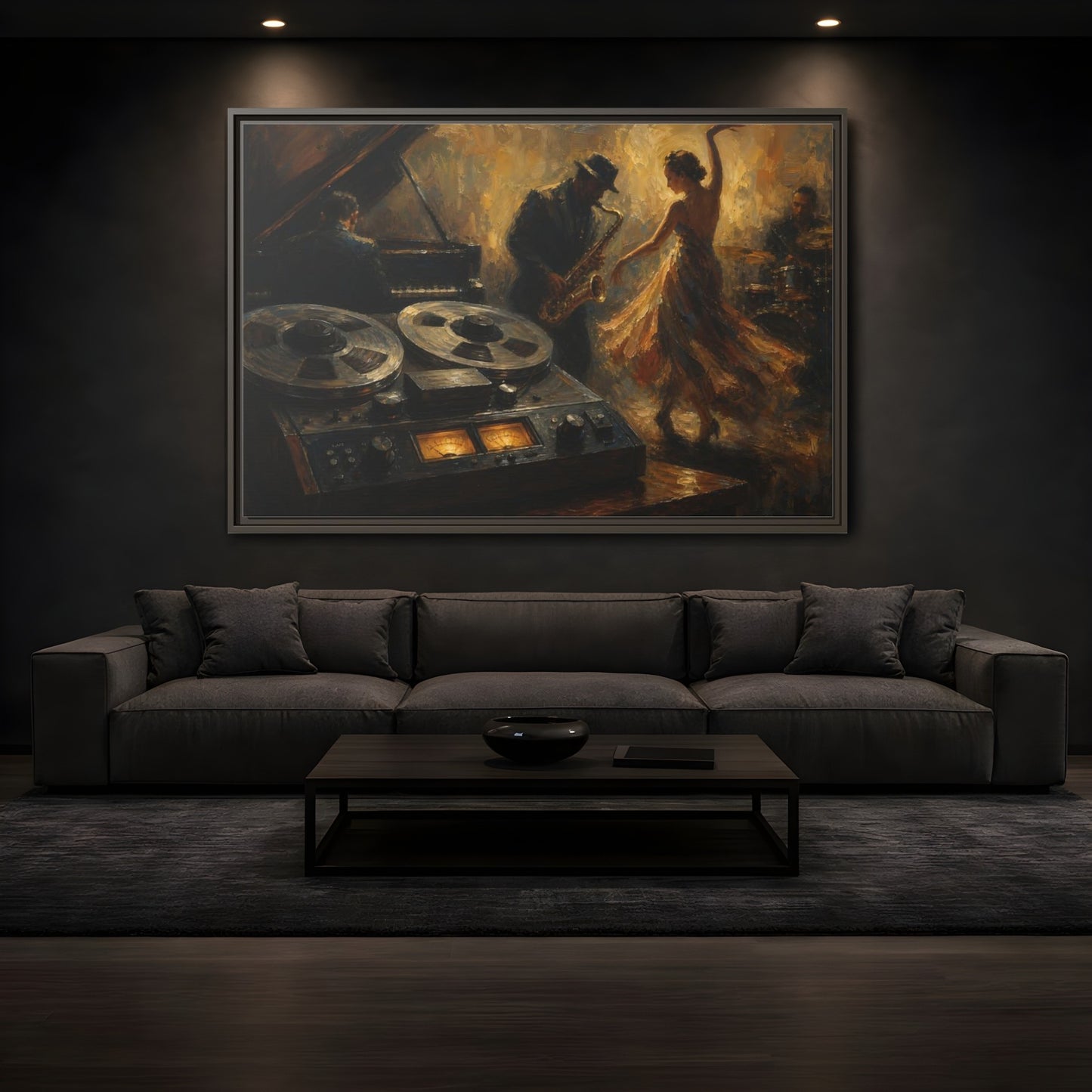 Mockup 3. Vintage Jazz Performance Gold Brown Jazz shown as framed canvas print