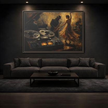 Mockup 3. Vintage Jazz Performance Gold Brown Jazz shown as framed canvas print