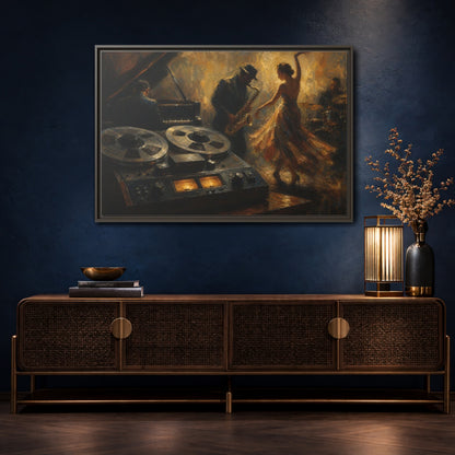 Mockup 4. Vintage Jazz Performance Gold Brown Jazz shown as framed canvas print