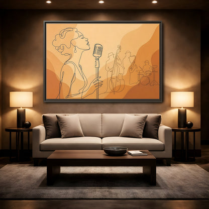 Mockup 2. Vintage Jazz Singer Line Art shown as framed canvas print