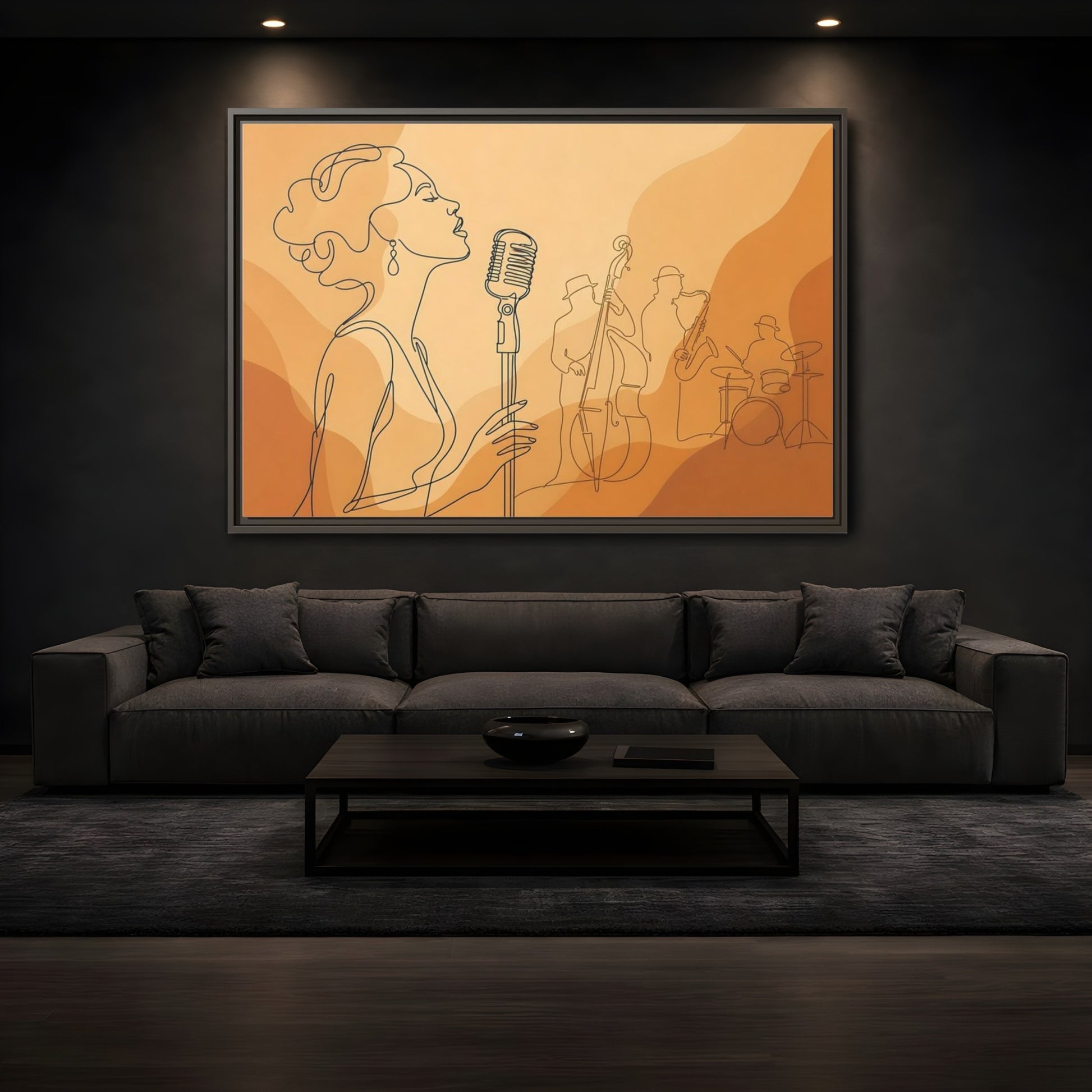 Mockup 3. Vintage Jazz Singer Line Art shown as framed canvas print