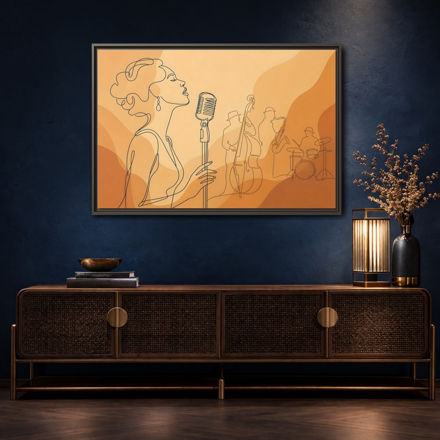 Mockup 4. Vintage Jazz Singer Line Art shown as framed canvas print