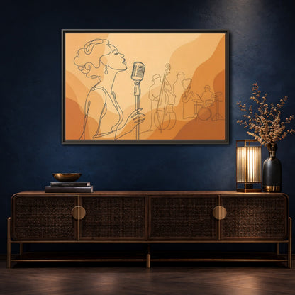 Mockup 4. Vintage Jazz Singer Line Art shown as framed canvas print