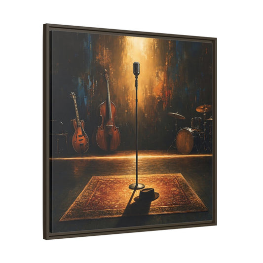 Main Mockup. Vintage Jazz Stage shown as framed canvas print