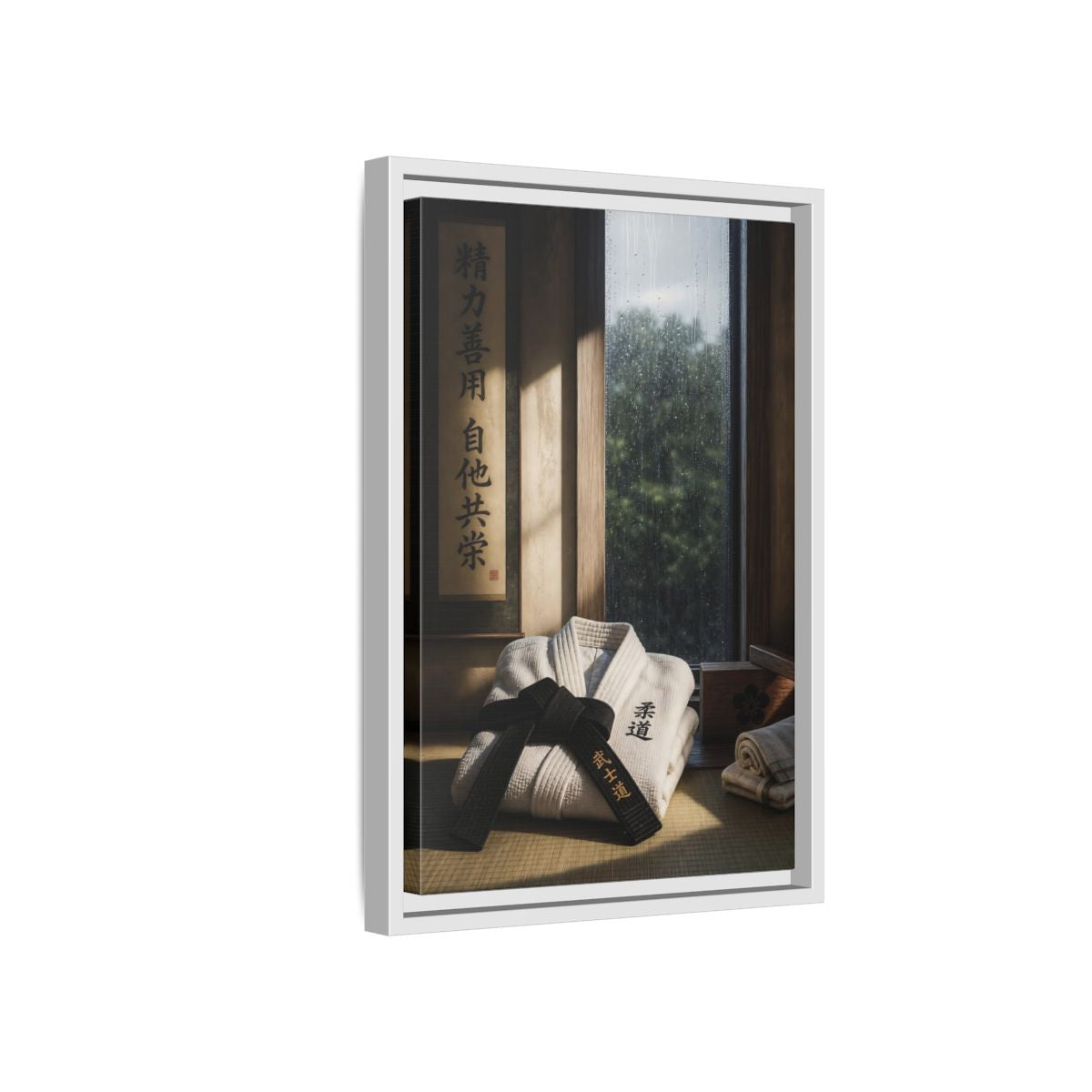 Side Mockup 4. Vintage Judo Uniform Judo Black Belt shown as framed canvas print