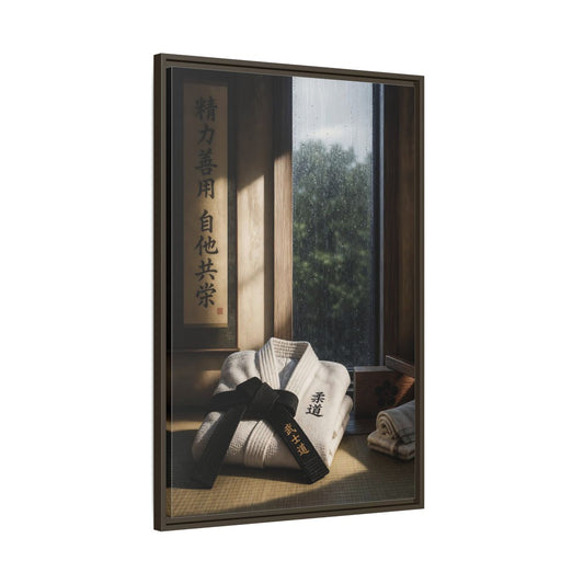 Main Mockup. Vintage Judo Uniform Judo Black Belt shown as framed canvas print